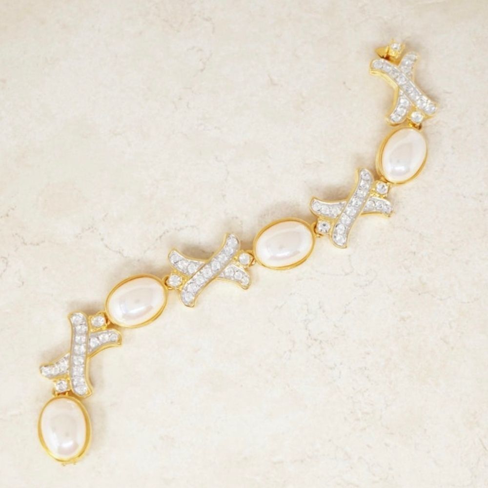 Vintage Nolan Miller XOXO Gold, Faux Pearl, & Rhinestones Bracelet